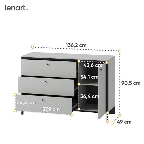 Kommode Gris 136x91 - grå - 1 dør - 3 skuffer