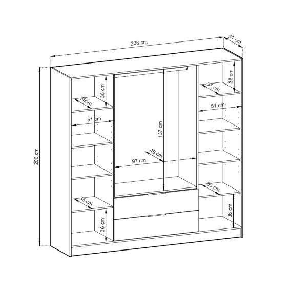 Garderobeskap NELLY 206x200 cm - eik - 4 dører - 2 skuffer